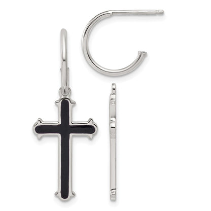 Sterlingsilber Poliert Schwarz Emaille Kreuz Hängend Stecker C- Creolen