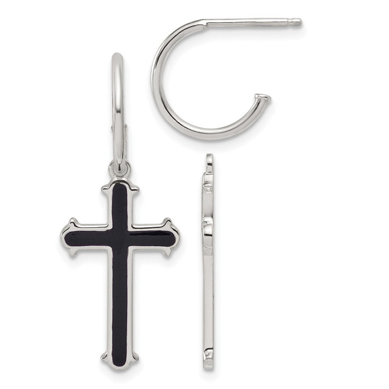 Sterlingsilber Poliert Schwarz Emaille Kreuz Hängend Stecker C- Creolen