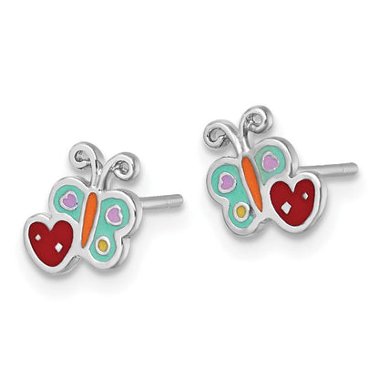 Sterlingsilber Rhodiniert-plat Emaille Schmetterling und Herz Kinder Ohrstecker