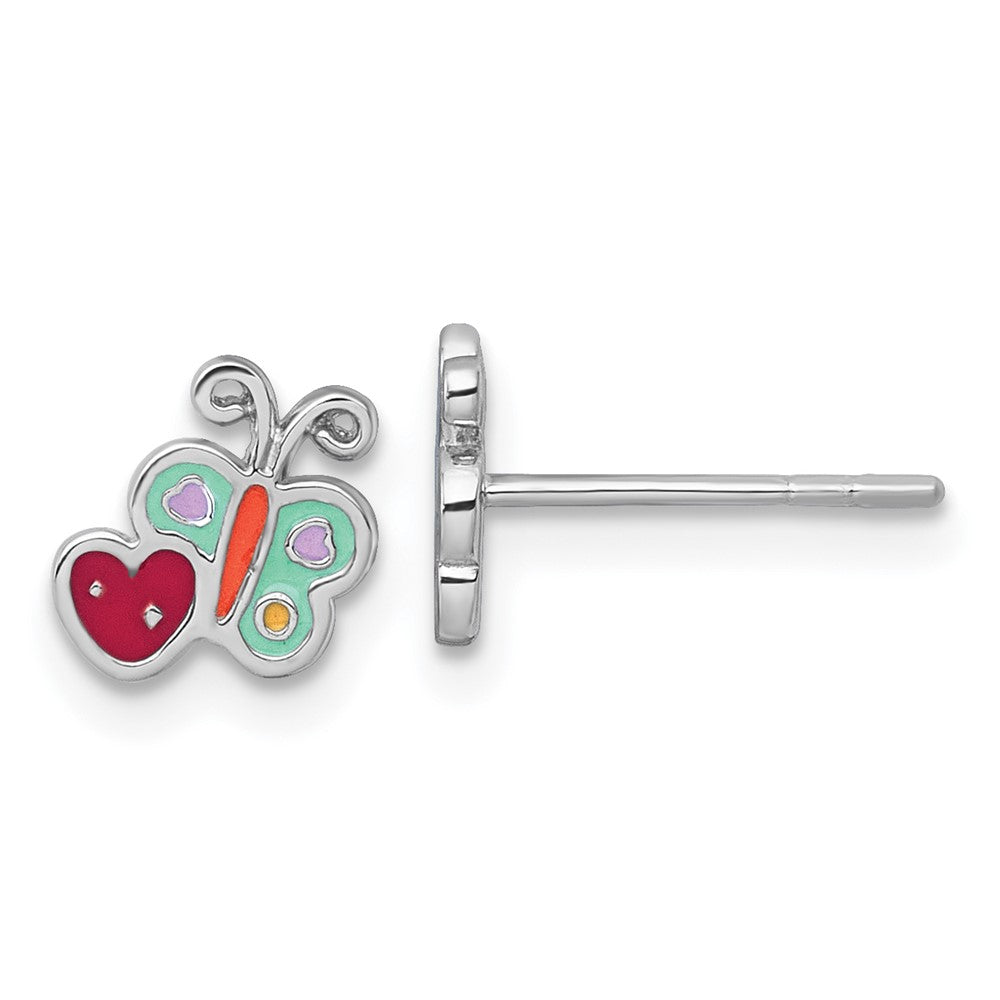 Sterlingsilber Rhodiniert-plat Emaille Schmetterling und Herz Kinder Ohrstecker