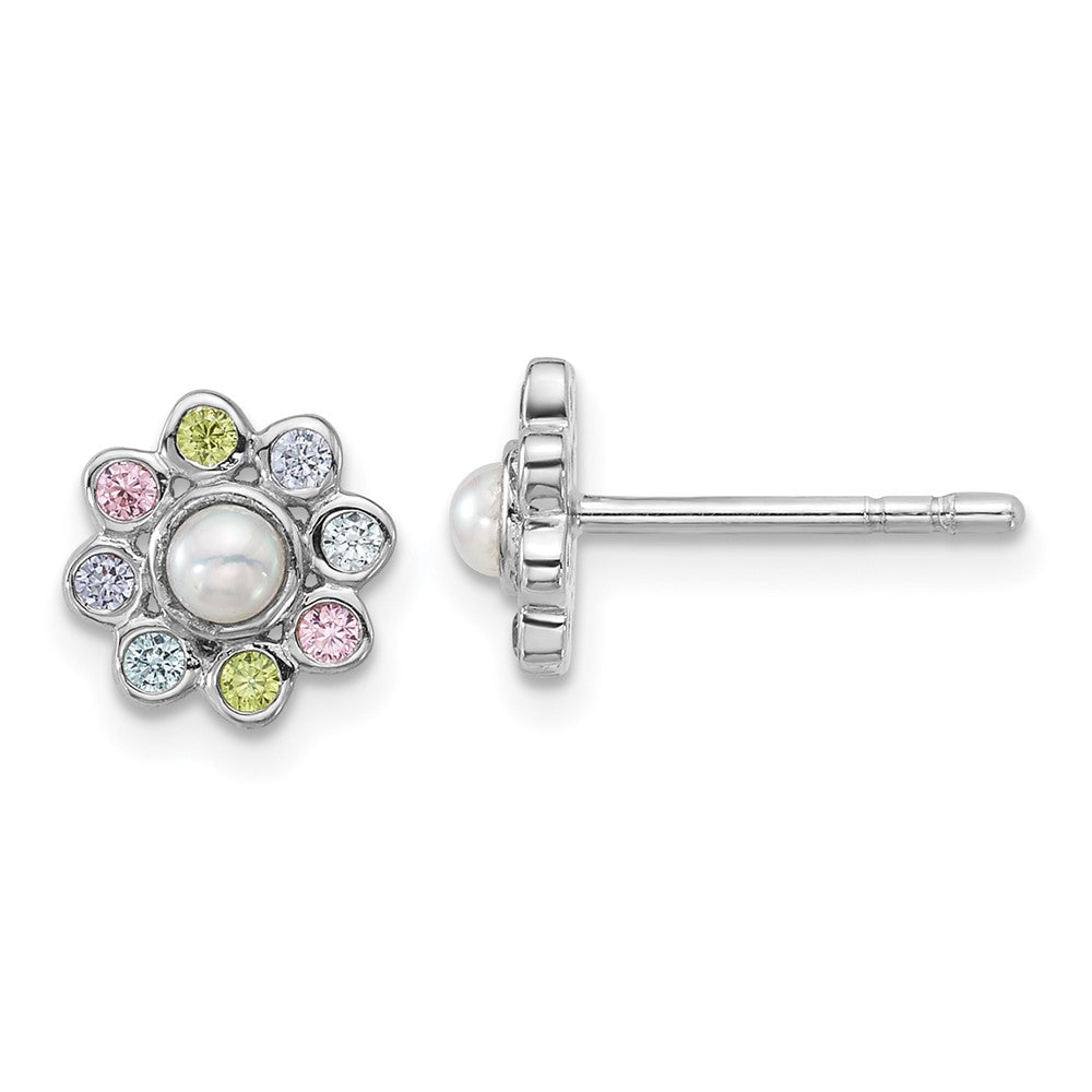 Sterlingsilber Rhodiniert Kinder Zirkonia und Fwc Perle Ohrstecker