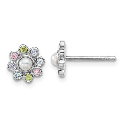 Sterlingsilber Rhodiniert Kinder Zirkonia und Fwc Perle Ohrstecker