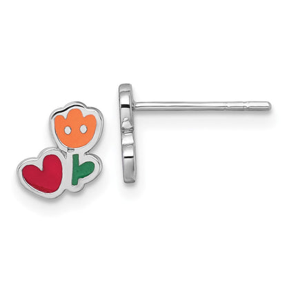 Sterlingsilber Rhodiniert Emaille Blume Herz Kinder Ohrstecker