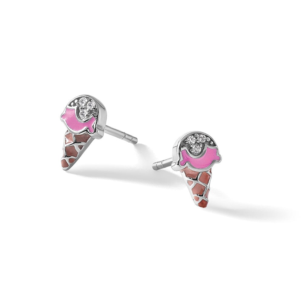 Sterlingsilber Rhodiniert Kinder Emaille Zirkonia Eis Cream Ohrstecker