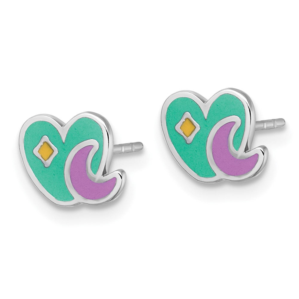 Sterlingsilber Rhodiniert Emaille Herz und Mond Kinder Ohrstecker