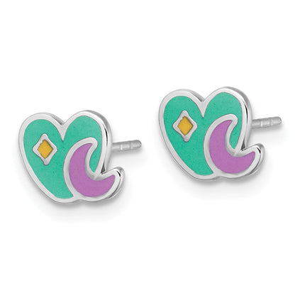Sterlingsilber Rhodiniert Emaille Herz und Mond Kinder Ohrstecker