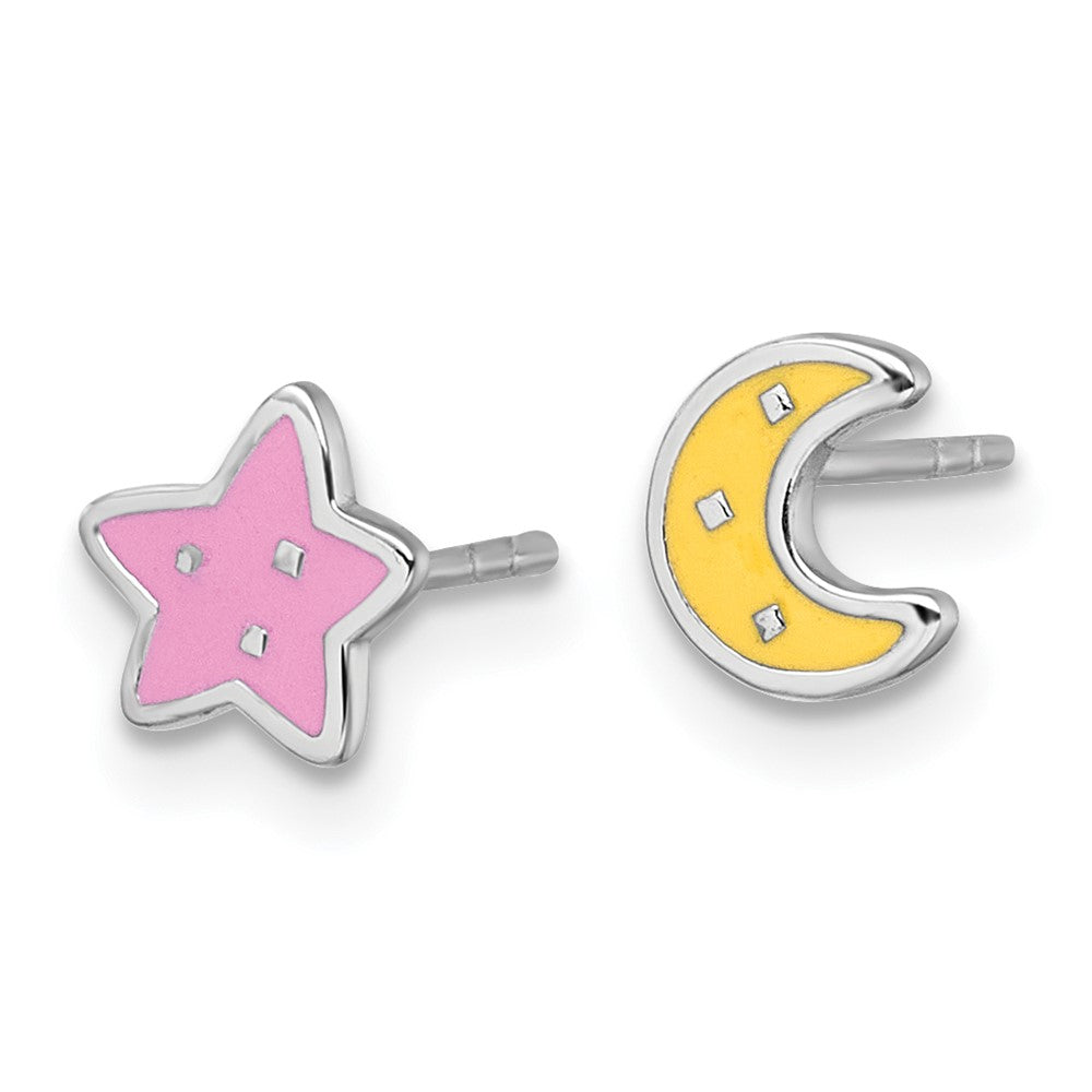 Sterlingsilber Rhodiniert-pl Emaille Mond Stern Mismatched Kinder Ohrstecker