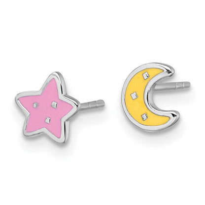 Sterlingsilber Rhodiniert-pl Emaille Mond Stern Mismatched Kinder Ohrstecker