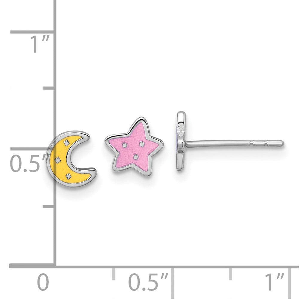 Sterlingsilber Rhodiniert-pl Emaille Mond Stern Mismatched Kinder Ohrstecker