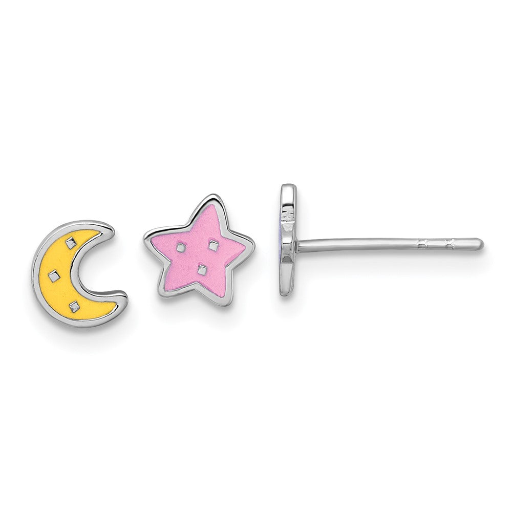 Sterlingsilber Rhodiniert-pl Emaille Mond Stern Mismatched Kinder Ohrstecker