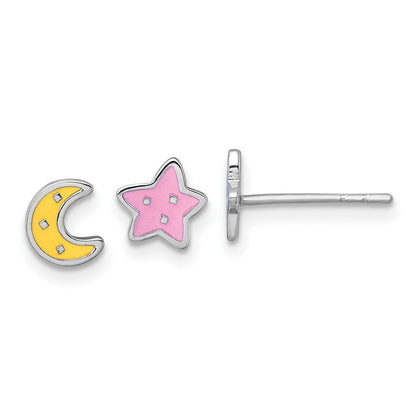 Sterlingsilber Rhodiniert-pl Emaille Mond Stern Mismatched Kinder Ohrstecker