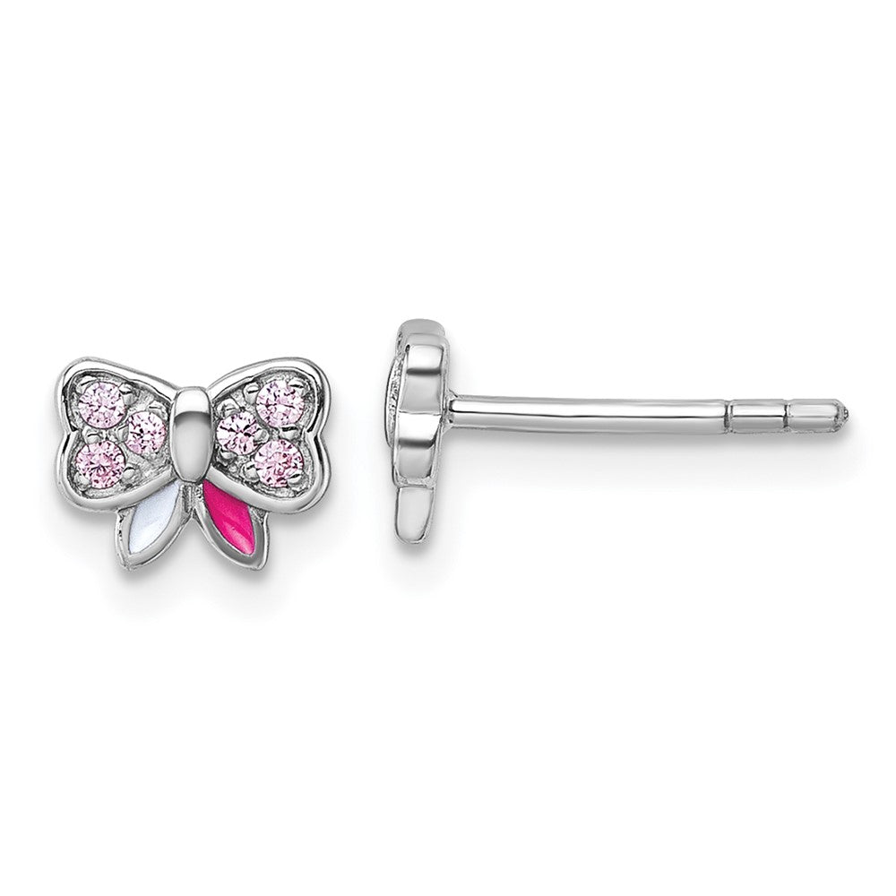 Sterlingsilber Rhodiniert Kinder Zirkonia und Emaille Schleife Ohrstecker