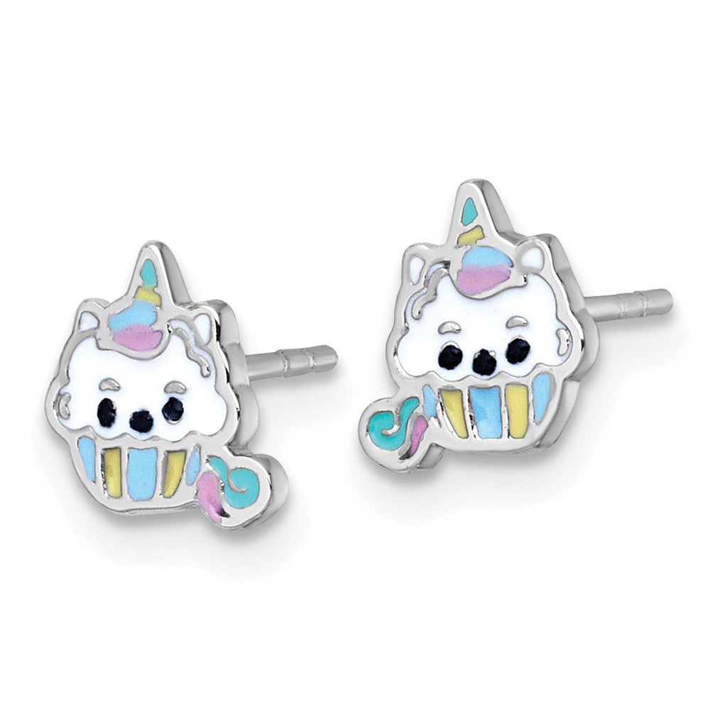 Sterlingsilber Rhodiniert Emaille Einhorn Cupcake Kinder Ohrstecker