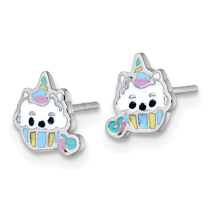 Sterlingsilber Rhodiniert Emaille Einhorn Cupcake Kinder Ohrstecker