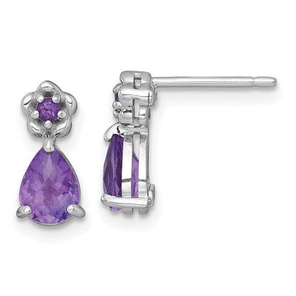 Sterlingsilber Rhodiniert Amethyst Tropfen & Blume Ohrstecker
