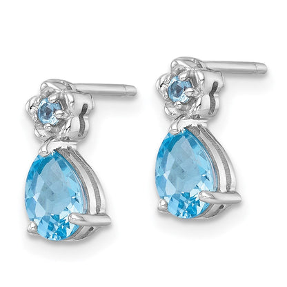 Sterlingsilber Rhodiniert Licht Schweizer Blautopas Tropfen & Blume Ohrstecker
