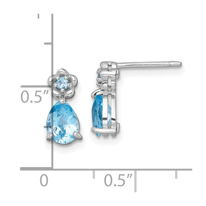 Sterlingsilber Rhodiniert Licht Schweizer Blautopas Tropfen & Blume Ohrstecker