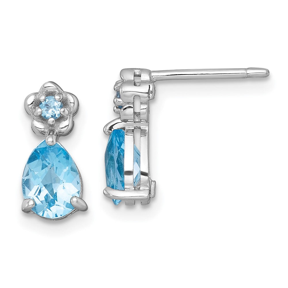Sterlingsilber Rhodiniert Licht Schweizer Blautopas Tropfen & Blume Ohrstecker