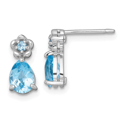 Sterlingsilber Rhodiniert Licht Schweizer Blautopas Tropfen & Blume Ohrstecker