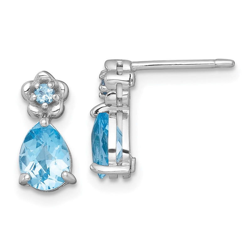 Sterlingsilber Rhodiniert Licht Schweizer Blautopas Tropfen & Blume Ohrstecker