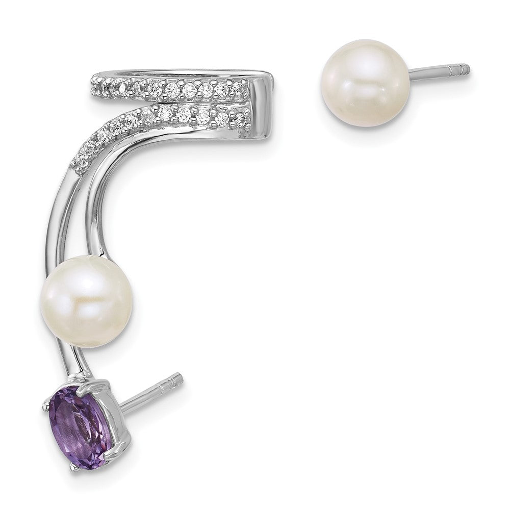 Sterlingsilber Rhodiniert Zirkonia Fwc Perle Amethyst Stecker und Manschette Asymmetric Ohrringe