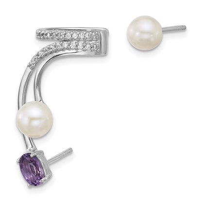 Sterlingsilber Rhodiniert Zirkonia Fwc Perle Amethyst Stecker und Manschette Asymmetric Ohrringe