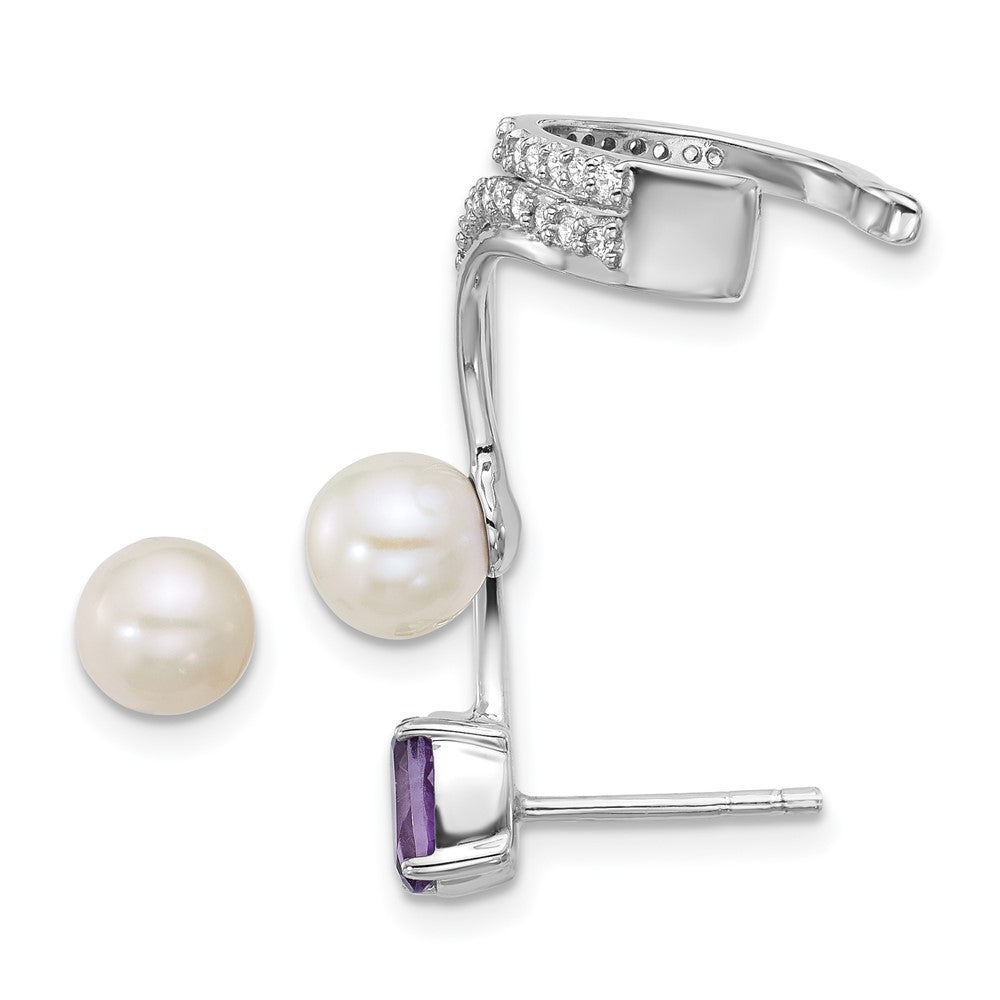 Sterlingsilber Rhodiniert Zirkonia Fwc Perle Amethyst Stecker und Manschette Asymmetric Ohrringe