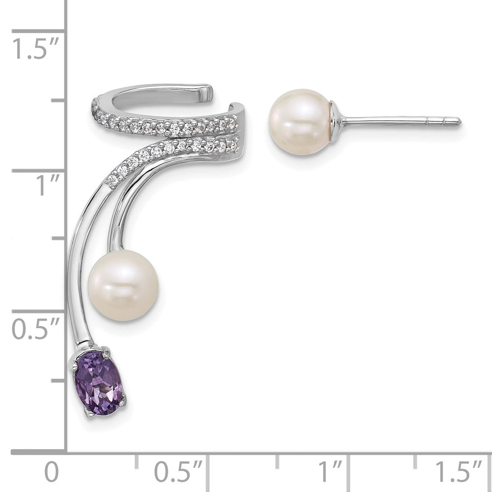 Sterlingsilber Rhodiniert Zirkonia Fwc Perle Amethyst Stecker und Manschette Asymmetric Ohrringe