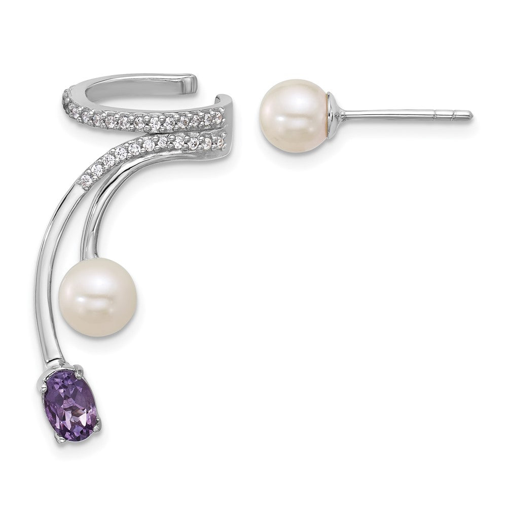 Sterlingsilber Rhodiniert Zirkonia Fwc Perle Amethyst Stecker und Manschette Asymmetric Ohrringe