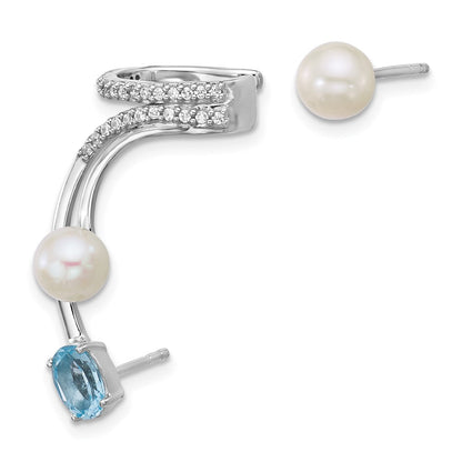 Sterlingsilber Rhodiniert Zirkonia Fwc Perle Blautopas Stecker und Manschette Asymmetric Ohrringe