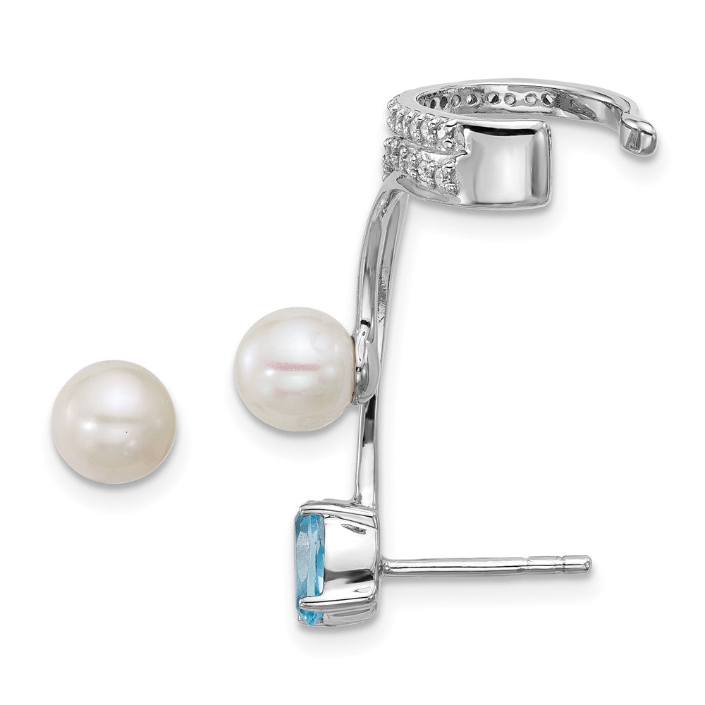 Sterlingsilber Rhodiniert Zirkonia Fwc Perle Blautopas Stecker und Manschette Asymmetric Ohrringe