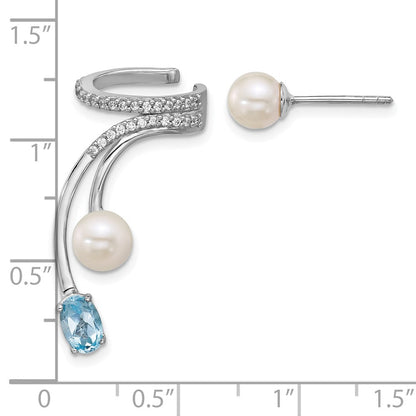 Sterlingsilber Rhodiniert Zirkonia Fwc Perle Blautopas Stecker und Manschette Asymmetric Ohrringe