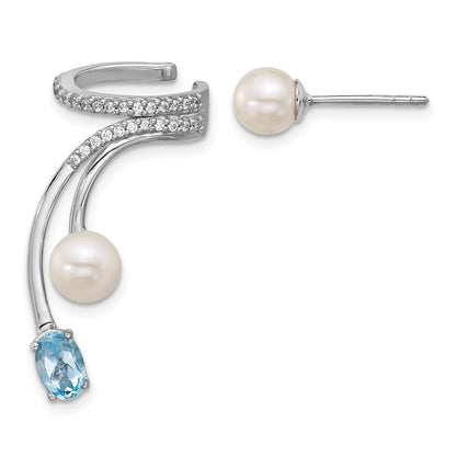 Sterlingsilber Rhodiniert Zirkonia Fwc Perle Blautopas Stecker und Manschette Asymmetric Ohrringe