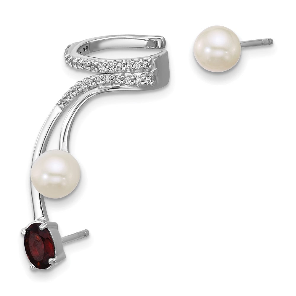Sterlingsilber Rhodiniert Zirkonia Fwc Perle Granat Stecker und Manschette Asymmetric Ohrringe
