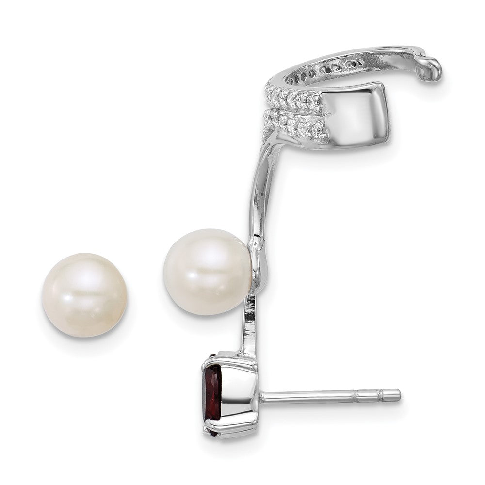 Sterlingsilber Rhodiniert Zirkonia Fwc Perle Granat Stecker und Manschette Asymmetric Ohrringe