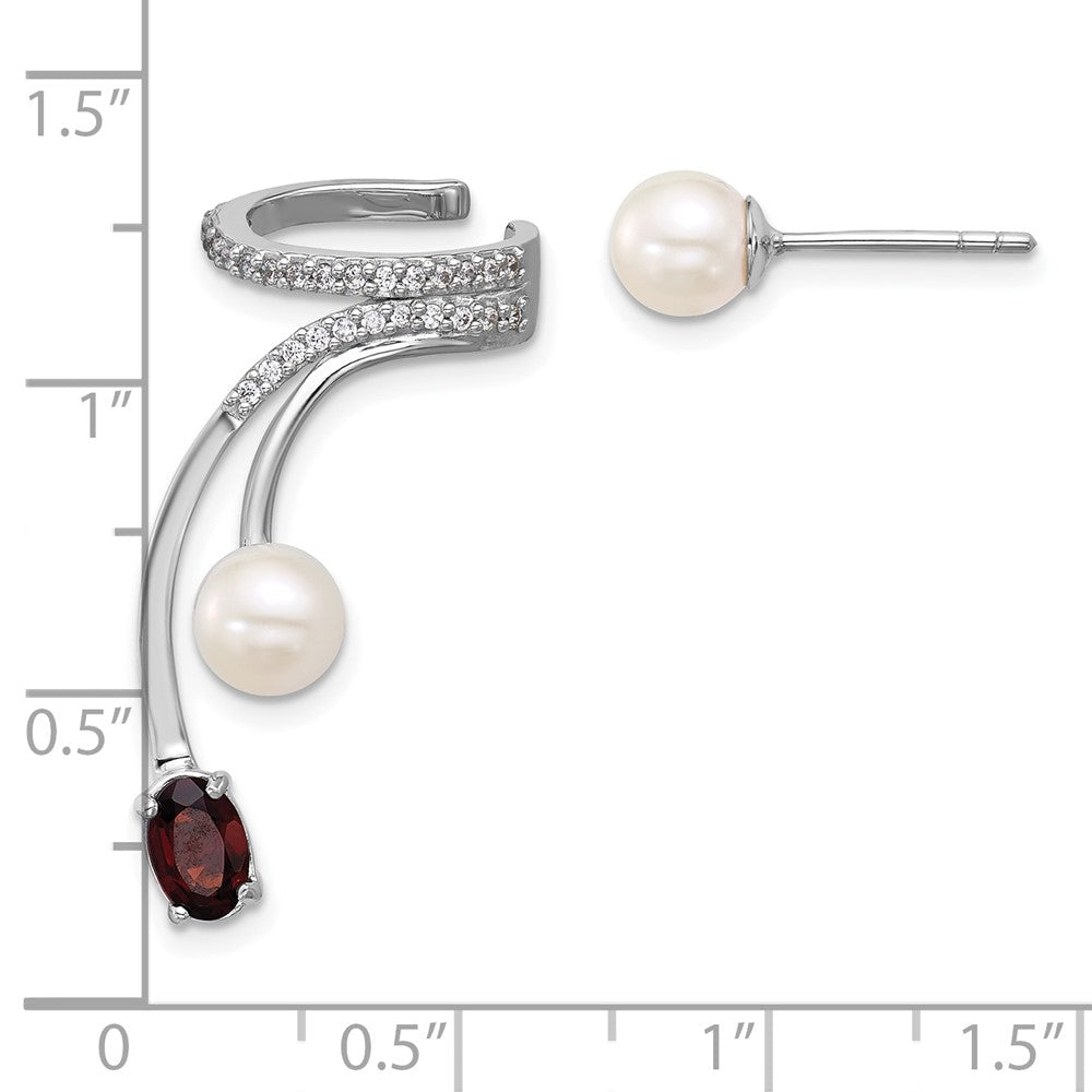 Sterlingsilber Rhodiniert Zirkonia Fwc Perle Granat Stecker und Manschette Asymmetric Ohrringe