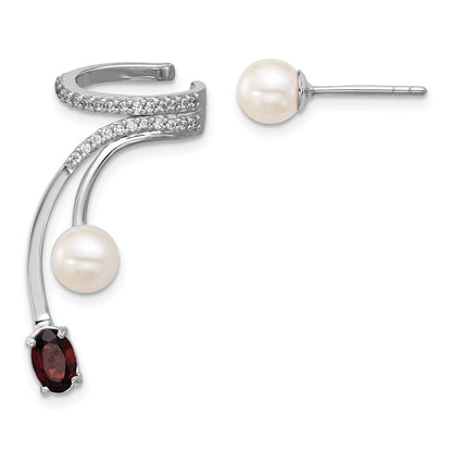 Sterlingsilber Rhodiniert Zirkonia Fwc Perle Granat Stecker und Manschette Asymmetric Ohrringe
