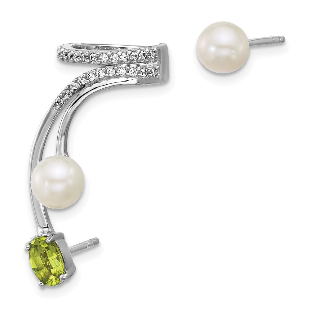 Sterlingsilber Rhodiniert Zirkonia Fwc Perle Peridot Stecker und Manschette Asymmetric Ohrringe