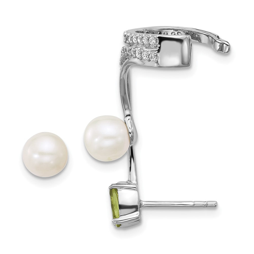Sterlingsilber Rhodiniert Zirkonia Fwc Perle Peridot Stecker und Manschette Asymmetric Ohrringe