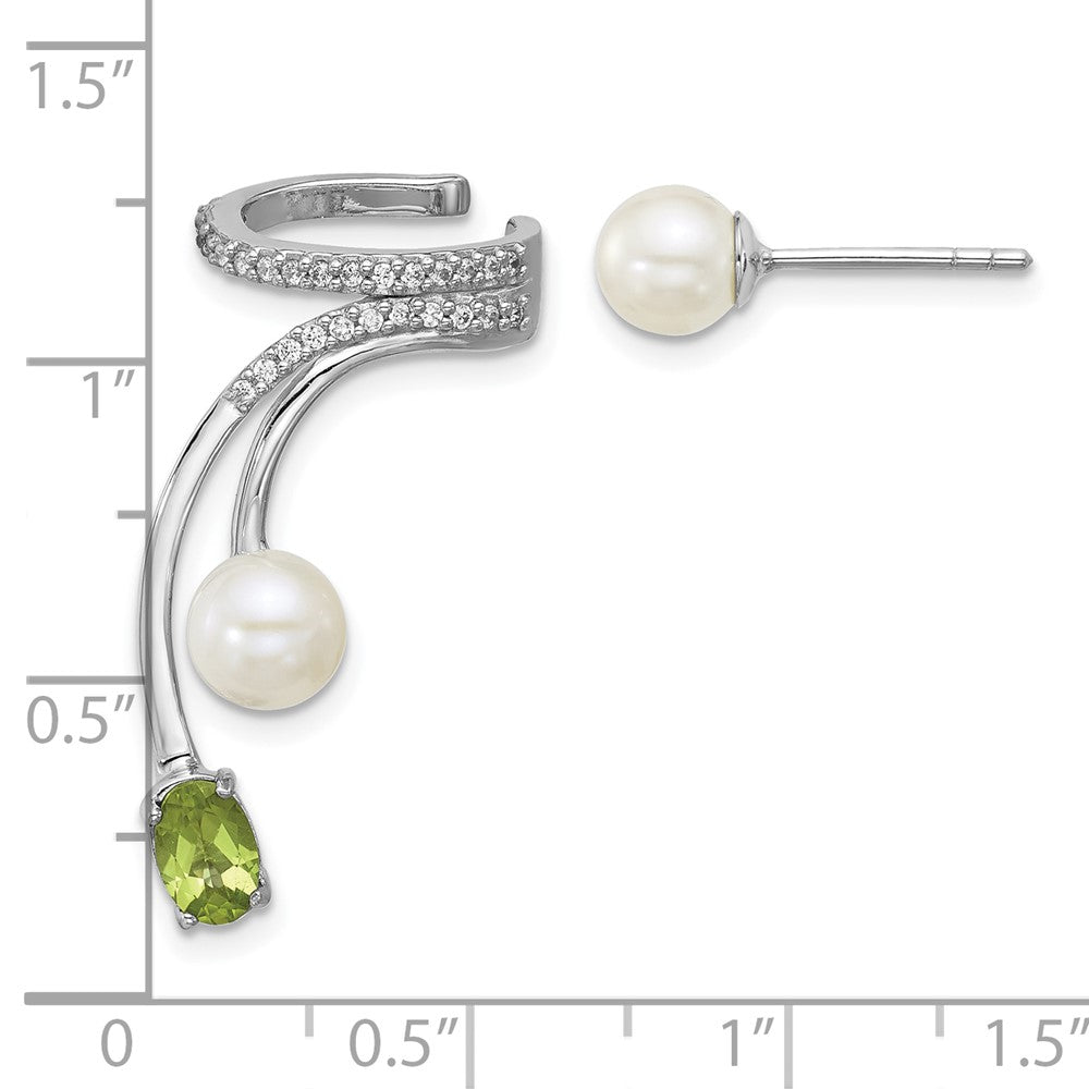 Sterlingsilber Rhodiniert Zirkonia Fwc Perle Peridot Stecker und Manschette Asymmetric Ohrringe