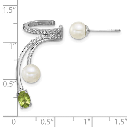 Sterlingsilber Rhodiniert Zirkonia Fwc Perle Peridot Stecker und Manschette Asymmetric Ohrringe