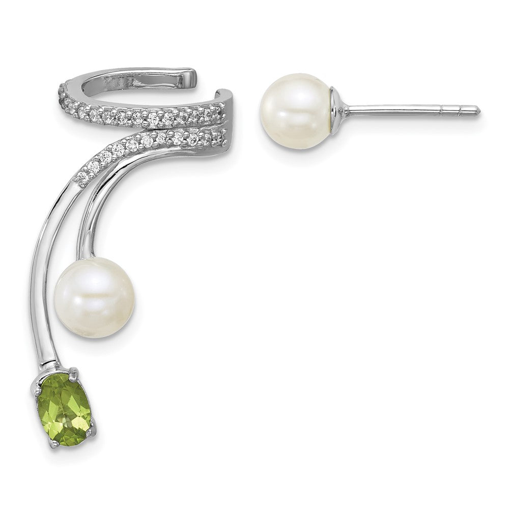 Sterlingsilber Rhodiniert Zirkonia Fwc Perle Peridot Stecker und Manschette Asymmetric Ohrringe