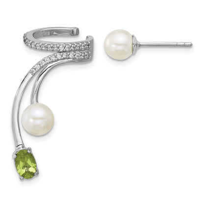 Sterlingsilber Rhodiniert Zirkonia Fwc Perle Peridot Stecker und Manschette Asymmetric Ohrringe