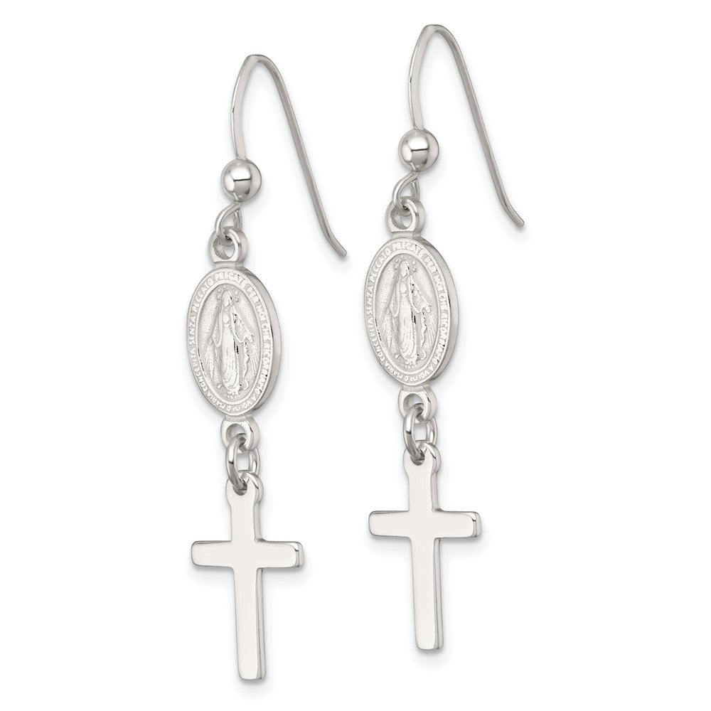 Sterlingsilber Poliert Wundertätig Medaille und Kreuz Ohrhänger