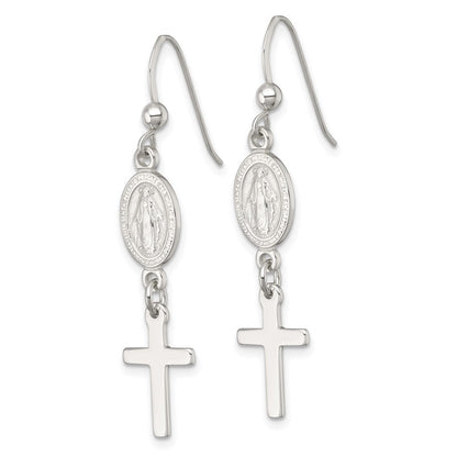 Sterlingsilber Poliert Wundertätig Medaille und Kreuz Ohrhänger