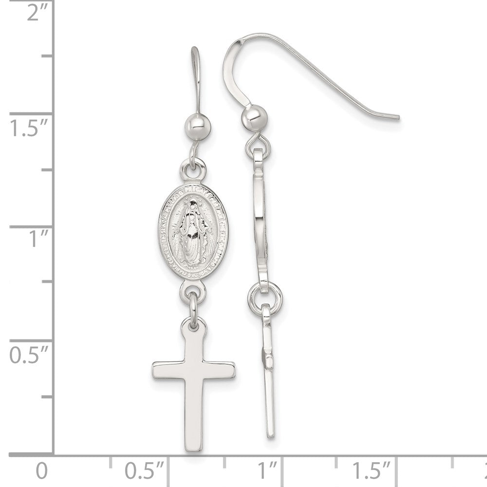 Sterlingsilber Poliert Wundertätig Medaille und Kreuz Ohrhänger