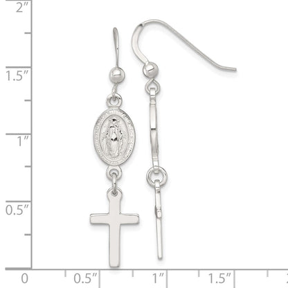 Sterlingsilber Poliert Wundertätig Medaille und Kreuz Ohrhänger