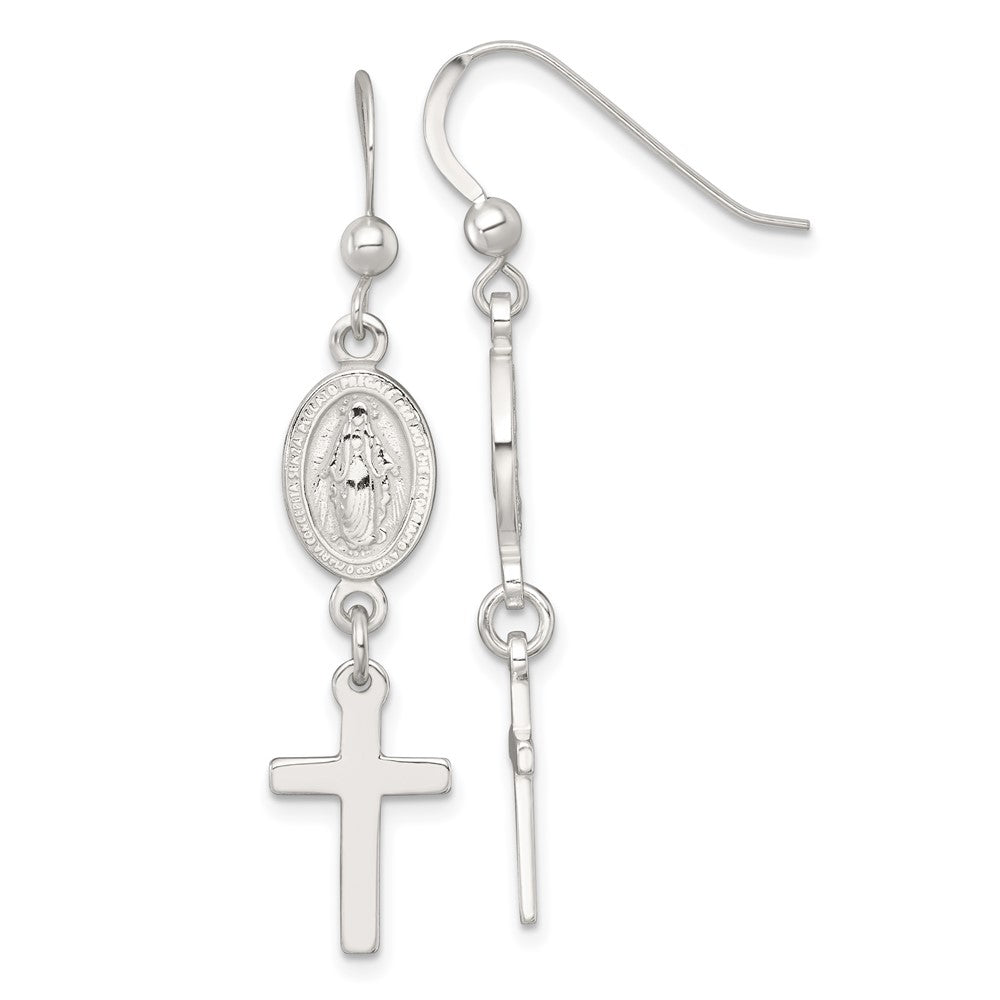 Sterlingsilber Poliert Wundertätig Medaille und Kreuz Ohrhänger