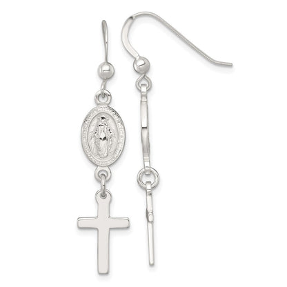 Sterlingsilber Poliert Wundertätig Medaille und Kreuz Ohrhänger