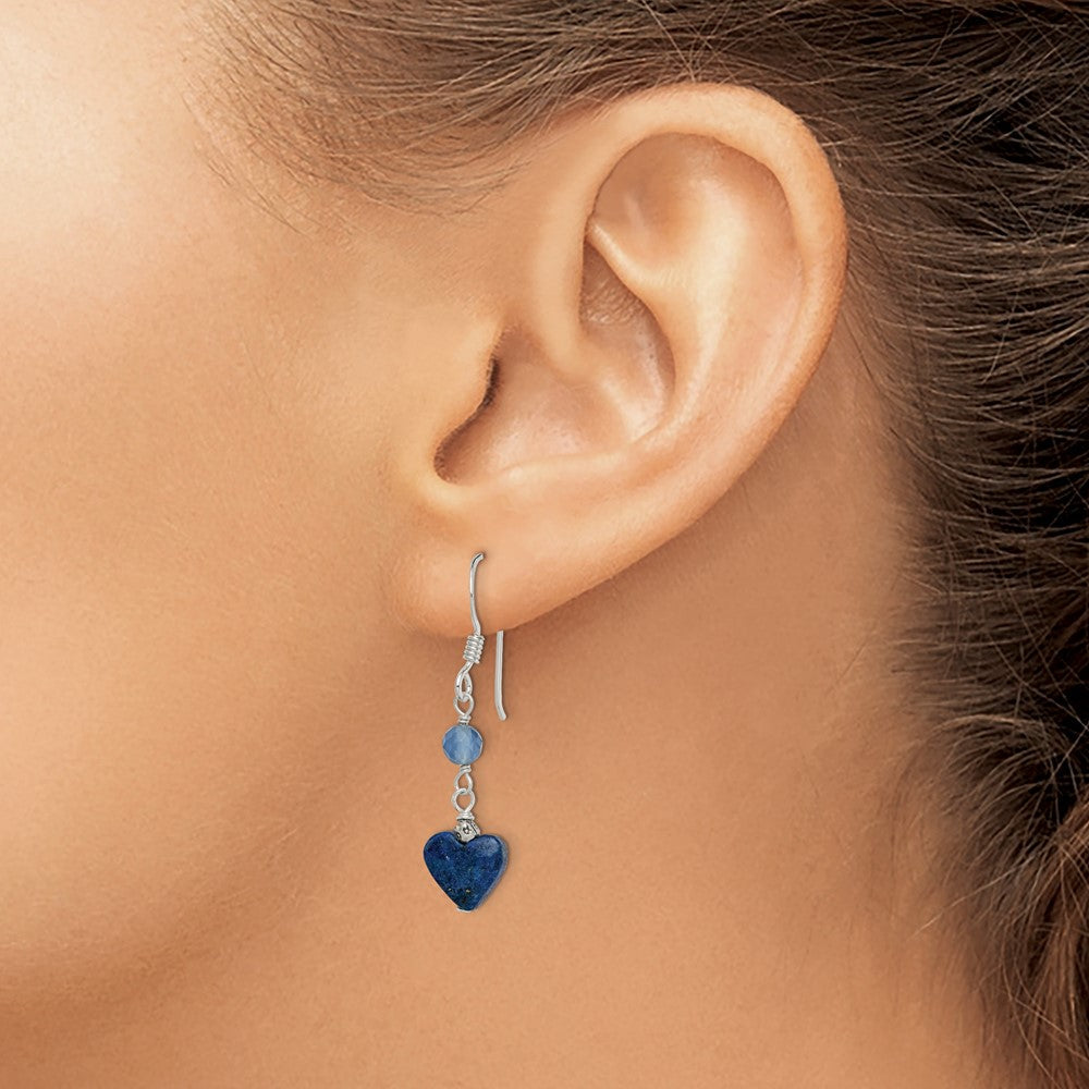 Sterlingsilber Poliert & Antikisiert Blau Achat Lapis Herz Hängend Ohrring